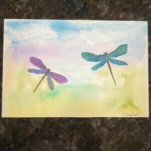 Hand painted watercolor original painting dragonflies 5x7”